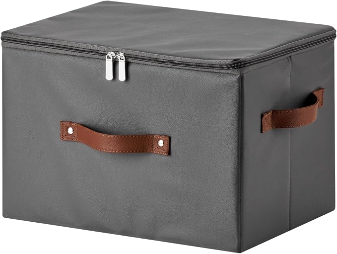 Storage Bins with Zipper Lid PU leather Storage Boxes Leather Fabric Collapsible Lidded Baskets Cube with Handle Decorative Shelves Closet Office Organizer Container(Dark Gray, Large Size)