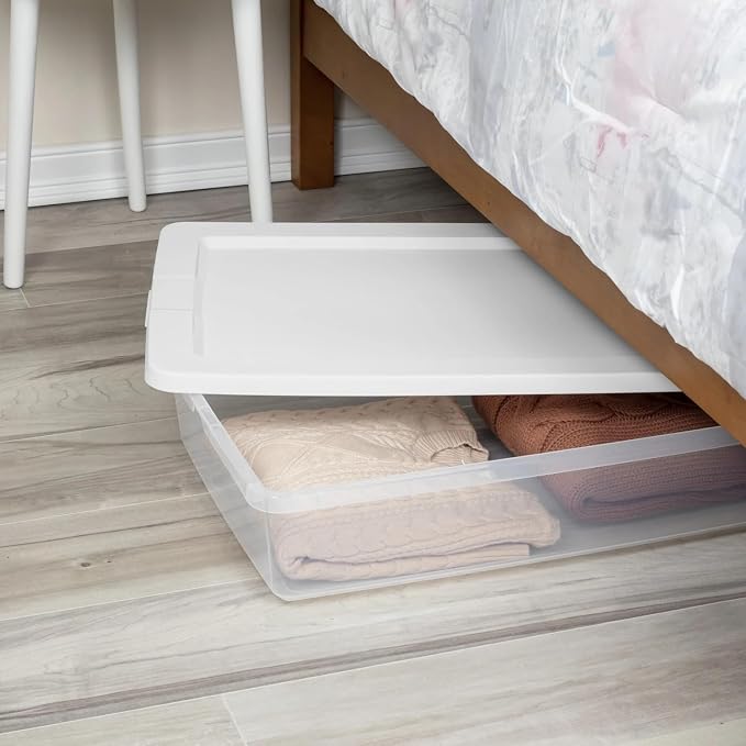 41 Quart Clear Plastic Under Bed Storage Bins with White Lids, Stackable Medium Containers for Closet, Bathroom Organizers and Storage