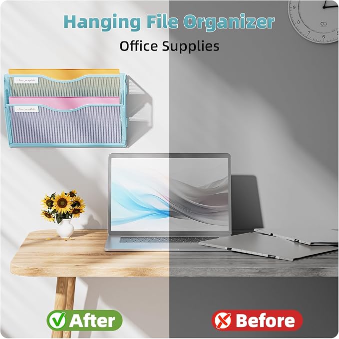 Marbrasse Wall File Holder 2-Tier Hanging Wall File Organizer, Mesh Mail Holder for Papers, Wall Mount File Clipboard & Magazine Organizer Great for Office Home (Blue)