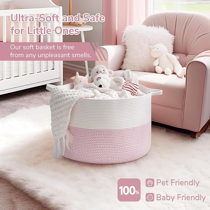 INDRESSME XXXLarge Storage Basket with Handle, Pink Laundry Basket for Nursery Stuffed Animal Storage, Baby Baskets Kids Toy Organizer, 21.7" x 21.7" x 13.8", Pink