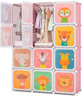 Costzon Kids Closet, Cartoon DIY Modular Dresser Storage Organizer with 12 Cubes & 2 Clothes Hanging Rack, Portable Armoire for Baby Toddlers, Kids Wardrobe for Bedroom Nursery (Pink)