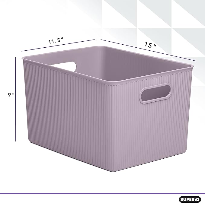 Superio Ribbed Collection - Decorative Plastic Basket Open Home Storage Bins Organizer, X-Large Lilac Purple (6 Pack) Container Boxes for Organizing Closet Storage Bins for Shelves 22 Liter/23 Quart