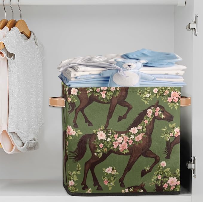 TropicalLife Floral Horse Storage Cube, 13 Inch Fabric Cube Storage Organizer Bin for Shelves Clothes, Decorative Foldable Storage Boxes