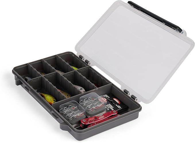 Plano StowAway 3700 50/50 Split Stow Tackle Box, with Corrosion-Preventive Rustricor, Single Latch Design, Transparent DuraView Lid, Stackable Storage for Fishing Bait, Lures and Gear