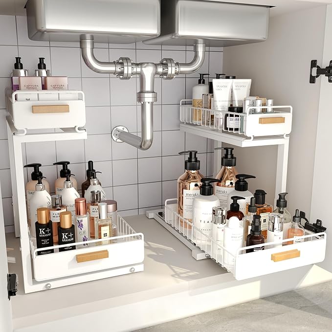 Under Sink Organizer Kitchen - Upgraded Professional Rails, 2 Tier Dual Pull Out Cabinet Storage, Height Adjustable Under Sink Storage, Metal Sliding Drawer for Kitchen & Bathroom, White, 2 Pack
