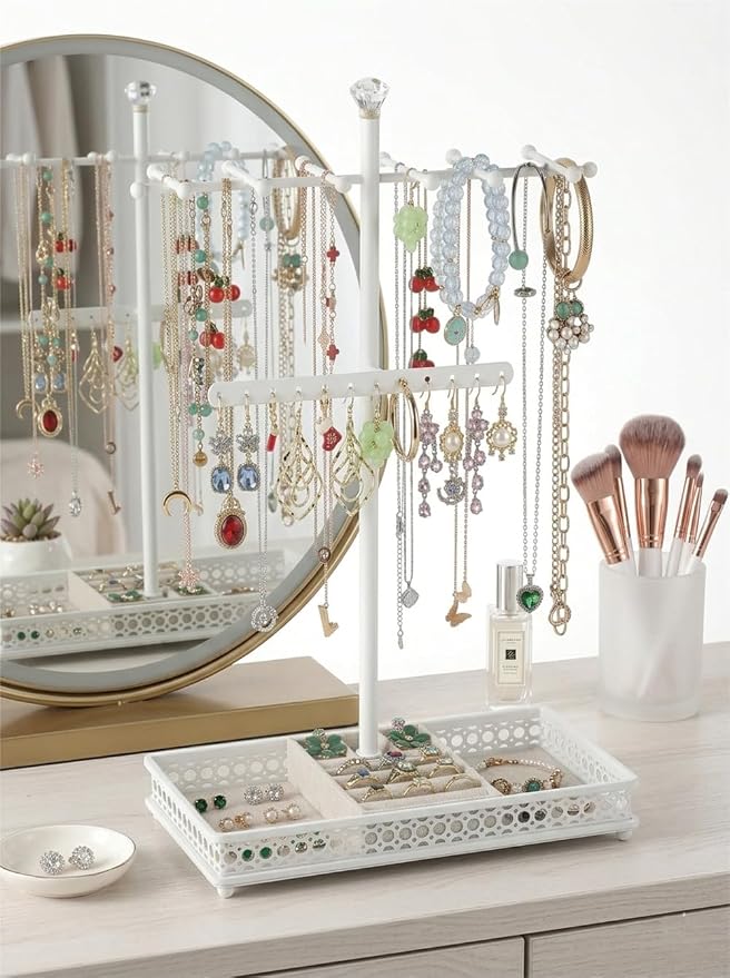 Meangood Jewelry Organizer Stand, 15.6" H Jewelry Tree Display Holder Stand for Bracelets Necklaces Earrings Rings, Gift for Women Girls (White)