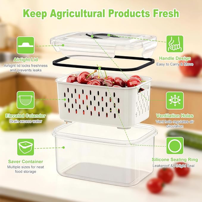 4 Pack Fridge Fruit Storage Containers with Colander, Vent and Handle | BPA Free Plastic, Airtight Stackable Refrigerator Organizer Bins for Berry, Meat, Vegetable