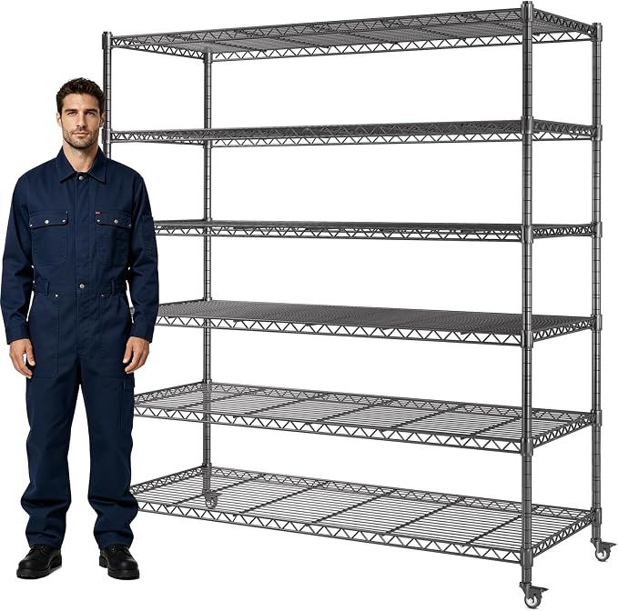AIRAJ 46”W Storage Shelves with Wheels,6 Tier Wire Shelving,3600 LBS Metal Shelving Adjustable Layer Height,Garage Shelving Units for Kitchen,Pantry and Warehouse,Rolling Wire Rack,46”W×18”D×80”H