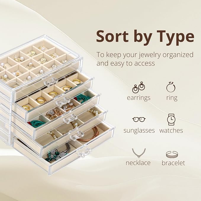 CLUQMEIK Acrylic Jewelry Organizer Box with 5 Drawers, 50 Grids Clear Earring Box Organizer with Adjustable Velvet Trays, Jewelry Storage Organizer for Women Girls, Beige
