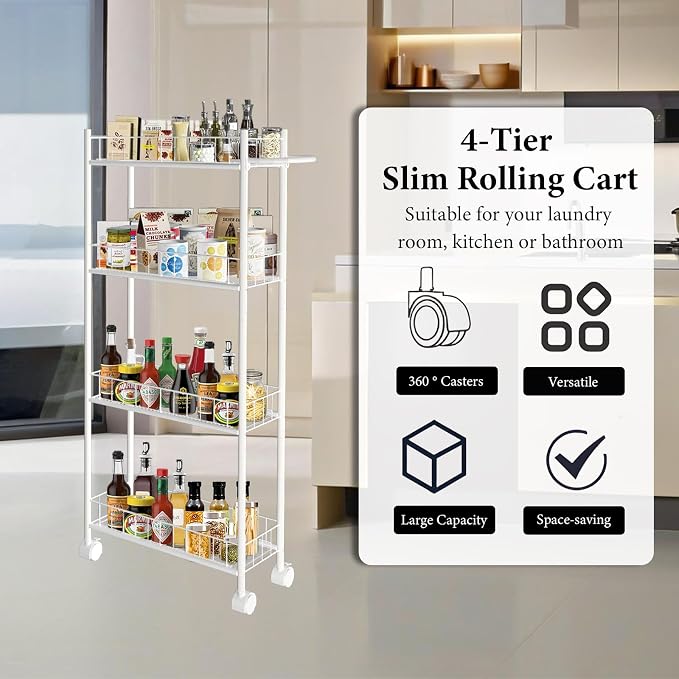 Utility Slim Storage Cart, 4-Tier Storage Cart, Narrow Cart with Handle, 7.1 Inches Deep, Metal Frame, for Kitchen, Dining Room, Living Room, Home Office, Rustic Brown and Classic (4 Tier White)