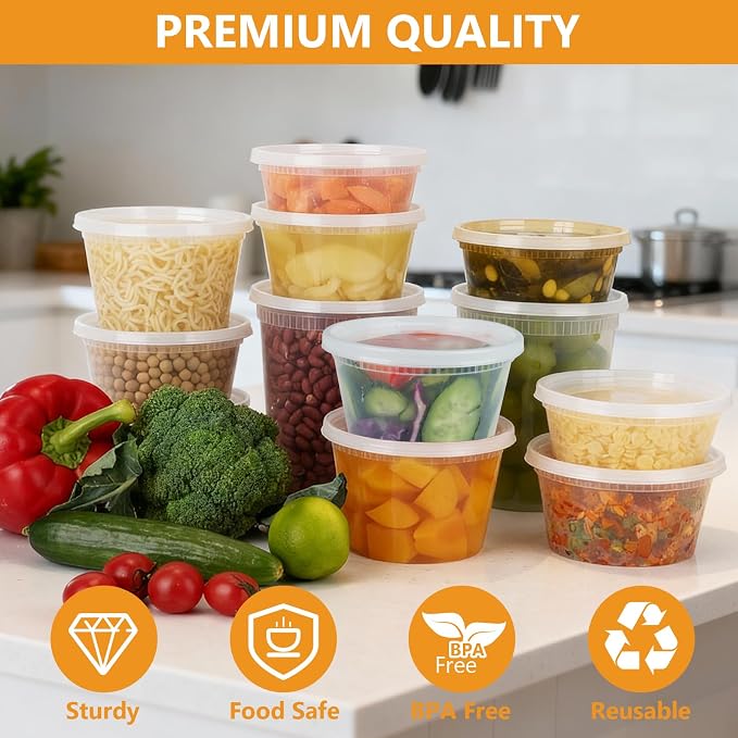 NESCCI 72 Sets (144-Piece) Deli Containers with Lids, 32/16/8 oz X 24 Set Each, Leak-Proof & BPA Free Airtight Takeout Plastic Food Storage Containers for Soup, Meal Prep,Microwave/Freezer Safe