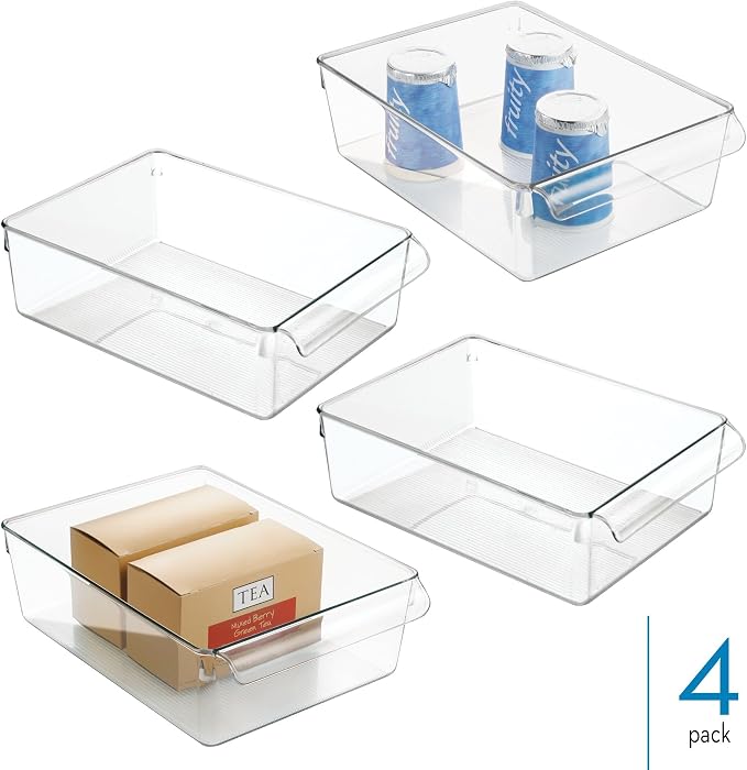 iDesign Fridge Storage Bin with Handle, Set of 4, Clear | Fridge Tray, For Cheeses and Snacks