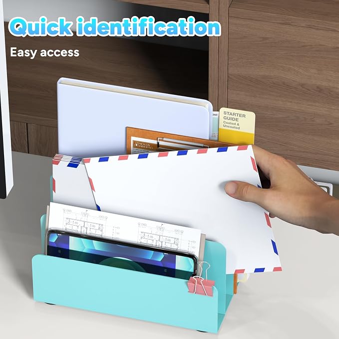 Mail Organizer Countertop | Small Desk File Organizer, Metal File Holder - Essential Workspace Organizers for Office Desk, Home Office (Blue)