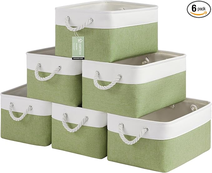 Large Storage Baskets- 15.7x11.8x8.26 inch Storage Bins for Shelves and Closet Organizing, Foldable Fabric Bin for Home Organization Clothes and Laundry (6-Pack, White&Green)