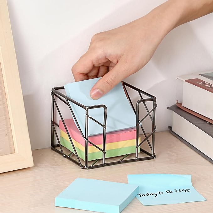 BTSKY Metal Sticky Note Holder, 3x3 Inch Post It Note Dispenser, Modern Memo Cube Holder Desk Organizer for Office & Home, Iron Sturdy Desktop Sticky Note Storage, Black