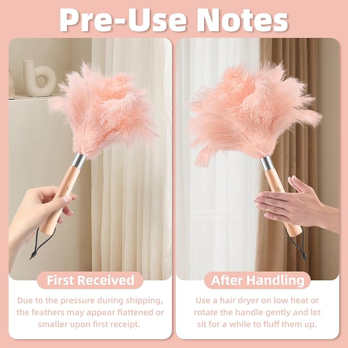Pink Ostrich Feather Duster with Wooden Handle, 13.5 inch Natural Fluffy Cleaning Tool for Dusting Home, Car, Delicate Surfaces, Reusable Decorative Duster for Ledges, Blinds & Delicate Home Decor