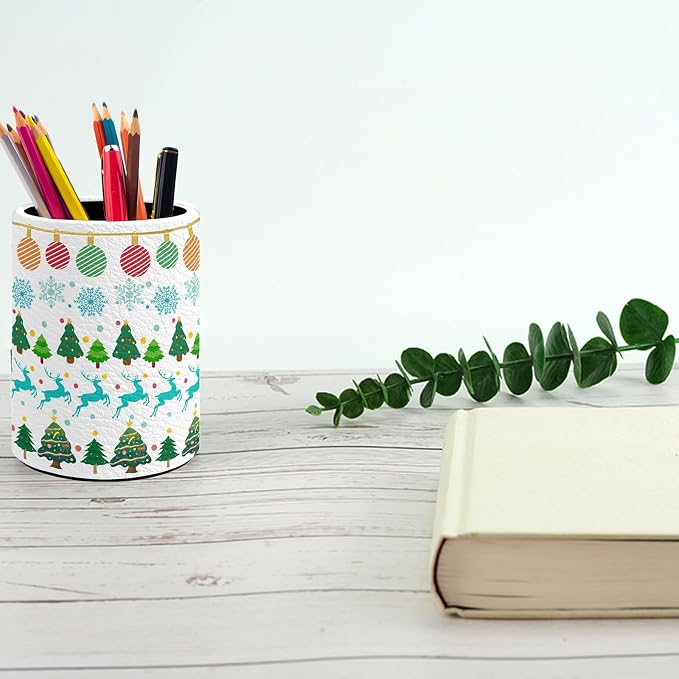 Christmas Pen Holder Pencil Cup for Desk Organizer | Cute Makeup Brush Holder PU Multifunctional Office Suppliesfor Decor Home Classroom School