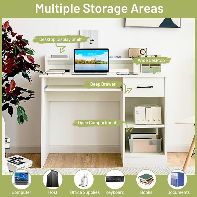 Tangkula White Desk with Drawer & Keyboard Tray, 22 Inch Wide Modern Study Writing Desk with Desktop Hutch & Storage Shelves, Home Office Desk for Teens, Wood PC Laptop Desk, Desk for Bedroom