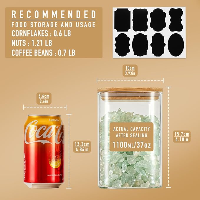 D2scrma 37oz Airtight Glass Square Storage Canisters with Bamboo Lid Set of 6 (1100ml) Stackable Containers, Kitchen Jars for Pantry Noodles, Flour and Coffee beans (‎with Black Lable)