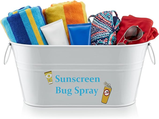 Blulu Sunscreen Bug Spray Storage Bucket Metal Poolside Basket Above Ground Pool Bin Summer Basket Outdoor Storage for Sunscreen Goggles Flip Flop Spf Swimming Camping Beach Accessories Decor(White)