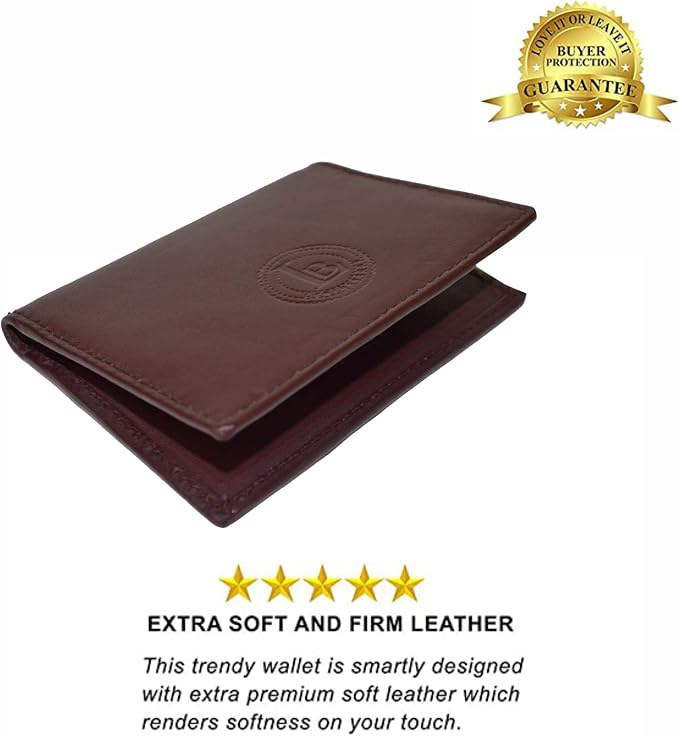 Leatherboss Slim Thin Leather Credit Card Id Mini Wallet Holder Bifold Driver's License Safe (Wine)