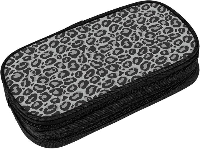 Perinsto Grey Leopard Print Pencil Case Big Capacity Multi Compartment Stationery Box Pencil Pouch Holder Desk Organizer For School Office Home