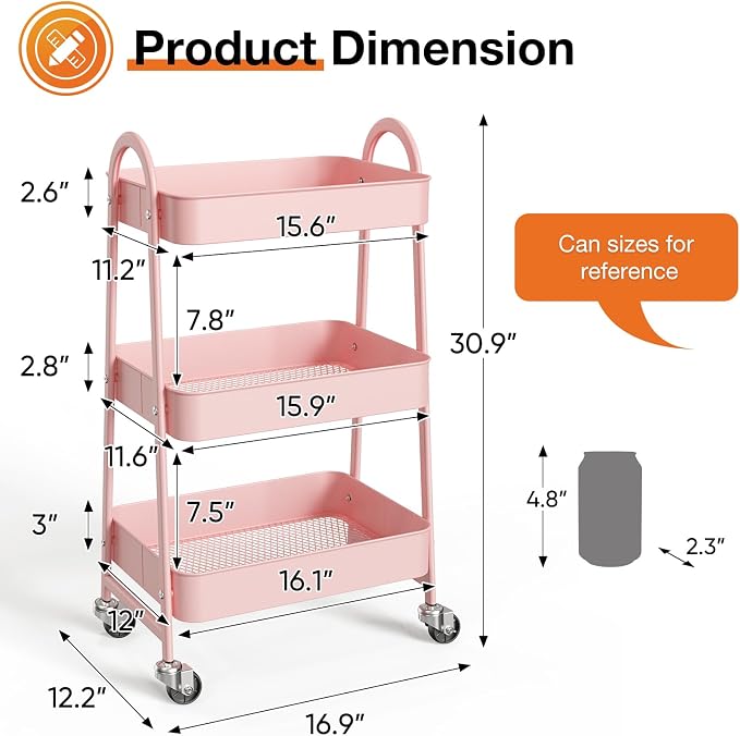 NEWBULIG 3-Tier Metal Rolling Cart with Lockable Wheels, Heavy Duty Mobile Utility Storage Shelf, Roller Book Snack Cart, Organization for Livingroom, Bathroom, Office, Pink