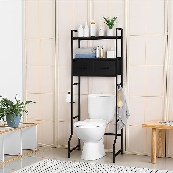 ETELI Over The Toilet Storage Bathroom Cabinet 3 Tier Freestanding Over Toilet Storage Cabinet Shelf Space Saving Behind Above Toilet Bathroom Organizer with Fabric Drawers, Black