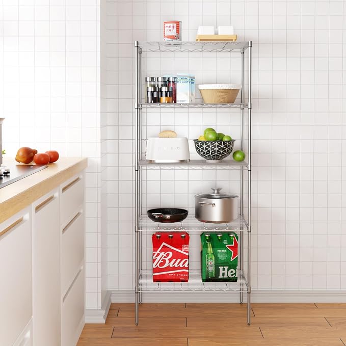 PayLessHere | 5-Tier Wire Shelf | 24"x14"x60" | Chrome | Adjustable Racks | Heavy-Duty Storage Shelves, Holds Upto 750 lbs | Rust-Resistant, No-Tool Assembly | for Home, Garage Shelving