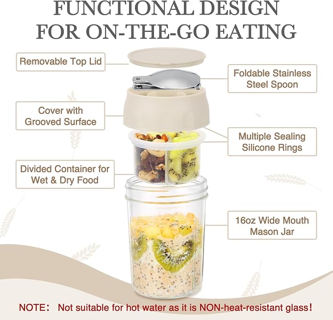 SOLIGT 2 Pack Overnight Oats Containers with Lids (Oat White/Oat White) | Folding Spoons and Divided Compartments for Fruit&Nuts, Small Glass 16oz Mason Jars for Oatmeal Yogurt Parfait