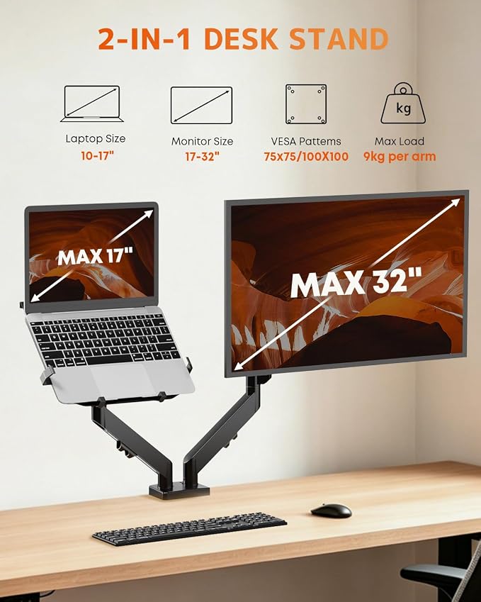PUTORSEN Monitor and Laptop Arm for Max 32” Monitor and 17” Laptop | 19.8lbs per Arm, Ergonomic Dual Monitor Stand, Fully Adjustable Gas Spring Laptop Tray Arm, VESA 75/100 mm