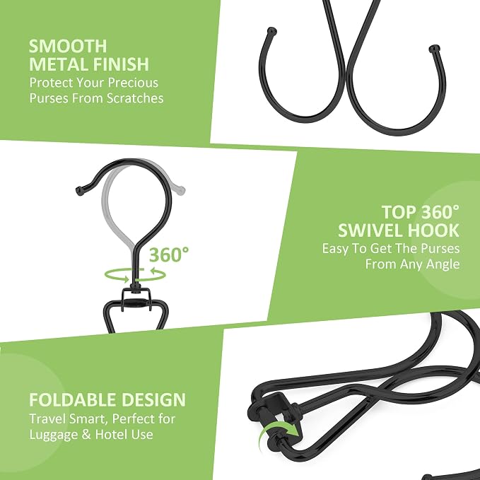 6 Pack Purse Hanger for Closet, 12 Storage Capacity Rotatable Purse Hooks, Hanging Backpack Bag Holder, Closet Organizers and Storage, Black