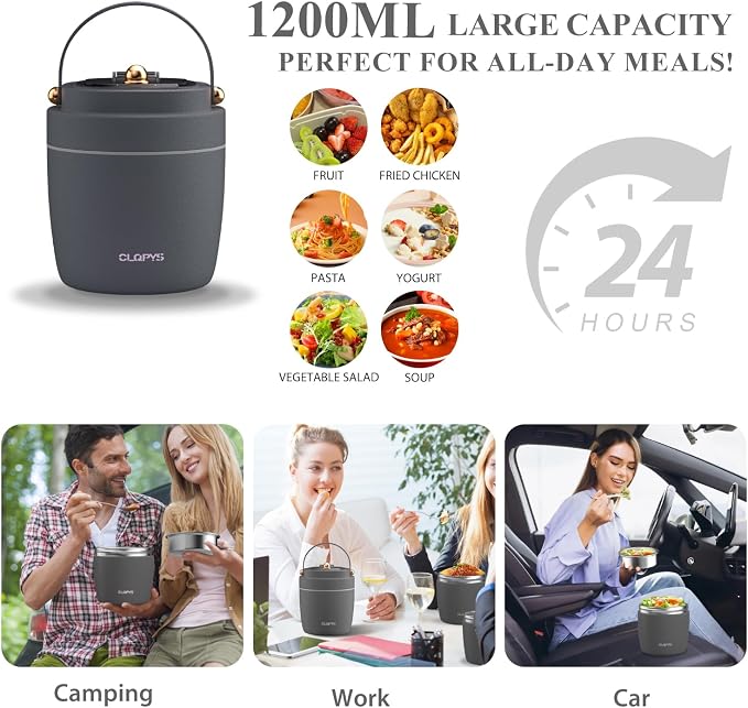 40oz Stainless Steel Vacuum Insulated Food Jar for Adults Wide Mouth Lunch Container with Spoon Fork and Carrying Bag Leak-Proof Soup Thermo Bento Box for Hot Food and Cold Food | Office, Travel Gray