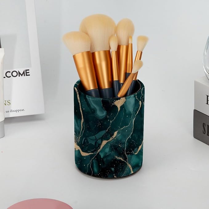 Faux Leather Pen Holder for Desk, Pencil Organizer Green Marble Pen Cup Desk Decor Makeup Brush Holder Storage for Office Home