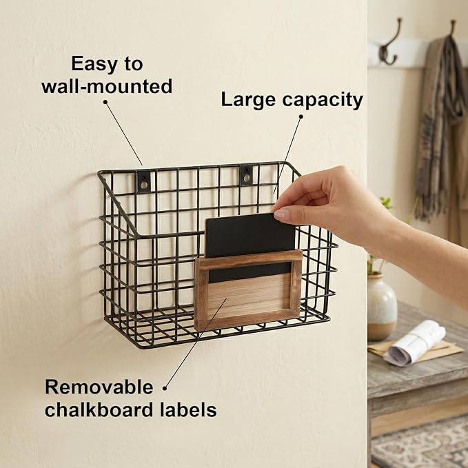 MyGift 10 Inch Wall Mounted Matte Black Metal Wire Storage Baskets with Chalkboard Labels, Small Hanging Organizer Bins for Home Entryway Kitchen Pantry Closet, Set of 3