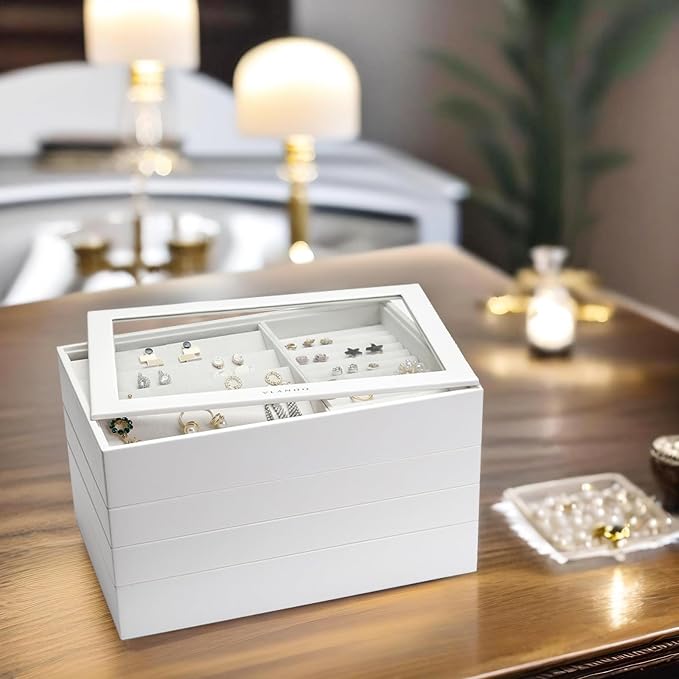 VLANDO Stackable 4-Layer Jewelry Tray - Multipurpose Jewelry Accessories Display Storage and Organizer for Earring Necklace Bracelet Ring, White with Clear Lid