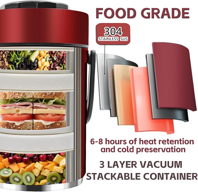 67oz Vacuum Insulated Lunch Food Container for Hot Food, 3 Tier Stackable | Adults Stainless Steel Wide Mouth Thermal Lunch Box, Leak-Proof Thermo Food Jar for Office & Outdoor (Red)