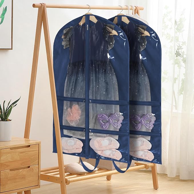KEEGH 40 inch Clear Garment Bags for Dance Costumes, 2 Pack, Navy Blue | 4 Zipper Pockets, for Dance Competitions, Ballet, Theatre, Dance Garment Bags for Dancers, Hanging Clothes for Closet Storage