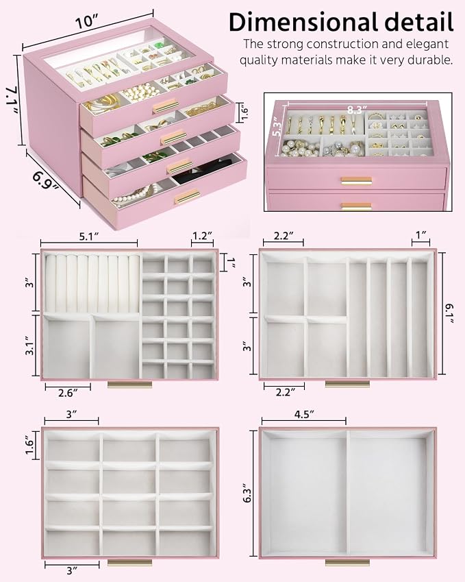 AKOZLIN Jewelry Box with Clear Lid Functional Leather Jewelry Storage Organizer Case 4 Drawers for Women Girls Necklace Ring Bracelet Earring