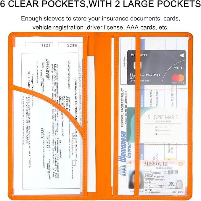 LumiMokki Premium Car Registration & Insurance Card Holder with Magnetic Shut, Vehicle Glove Box Car Organizer - For Documents, Cards, License (Orange)
