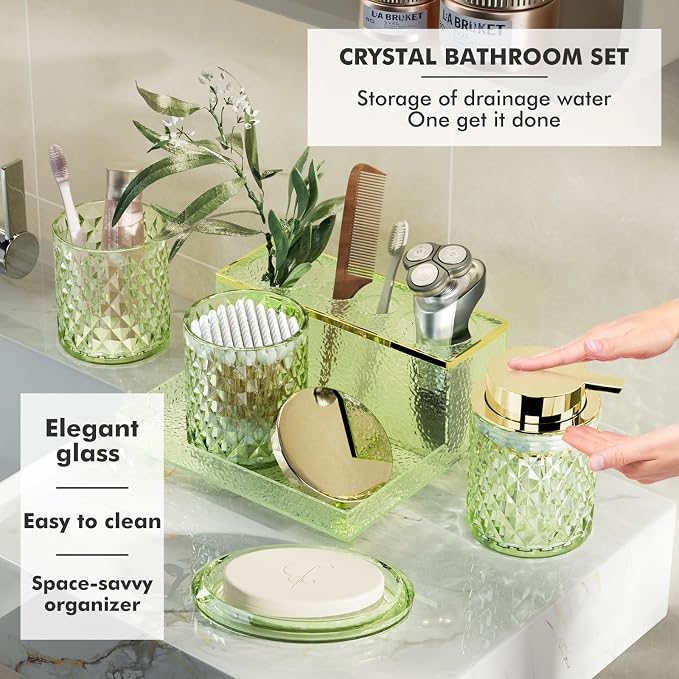 Bathroom Accessories Set - 20PCS Green Glass Bathroom Set with Shower Curtain and Rugs, Soap Dispenser, Soap Dish, Cup, Qtip Jar, Toothbrush Holder, Stylish & Functional Bath Decor for Home, Apartment