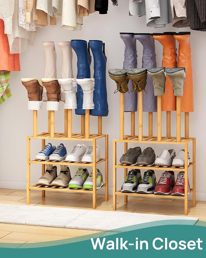 viewcare Small Boot Rack with Shoe Rack, Boot Rack Organizer Tall Boots for Closet, Bamboo Wood Shoe Shelf Storage Organizer for Entryway Small Space