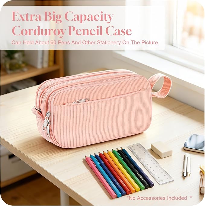 TESAFNG Corduroy Pencil Case, Large Capacity Pencil Pouch with 4 Compartments, Cute Soft Aesthetic Stationery Pen Bag Organizer with Zipper, Portable School Supplies for Teen and Adult Girls, Pink