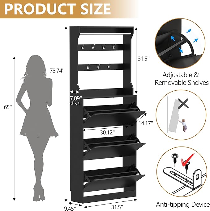 Wodeer Tall Shoe Cabinet with Coat Rack, Hidden Shoe Storage Cabinet with Doors & Drawer, Hanging Bar & Hooks, Slim Narrow Freestanding Shoe Rack Organizer for Entryway, Hallway & Living Room, Black