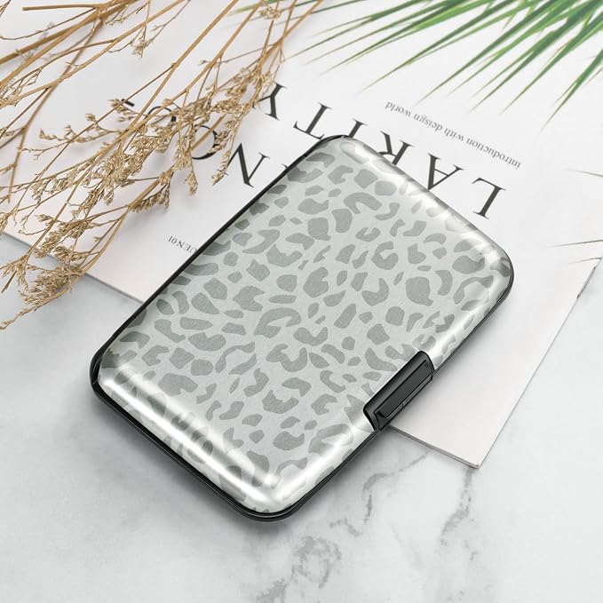 ELFISH Mini RFID Aluminum Wallet Credit Cards Holder Business Card Case Metal ID Case for Men Women(Grey Leopard Print)