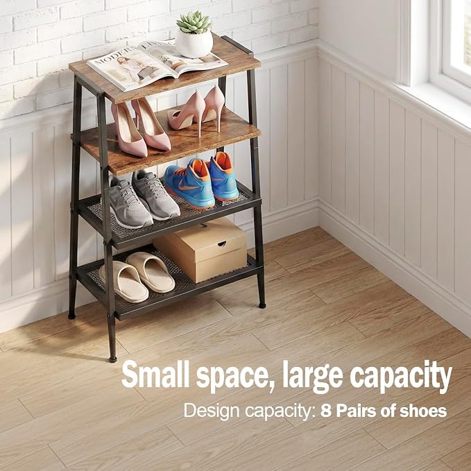 A-Shaped Shoe Rack for Entryway, 4-Tier Heavy-Duty Shoe Organizer | Wooden Top, Mesh Shelves, Space-Saving Shoe Storage Shelf, 25.28"H, Holds 8 Pairs, for Bedroom, Hallway, Garage,Rustic Brown