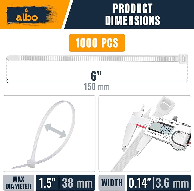 ALBO Zip Ties White 6 Inch 1000 Pack 40 lb, Long Plastic Cable Ties Thick 0.14 Inch Tie Wraps Heavy Duty UV Resistant Nylon Wire Ties for Indoor and Outdoor