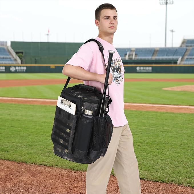 Baseball Bucket Bag Baseball Coaching Accessories Organizer Tactical Style Softball Bucket Bag with Anti-Slip Bottom, Multiple Pockets for Bat, Gloves, Scoreboards