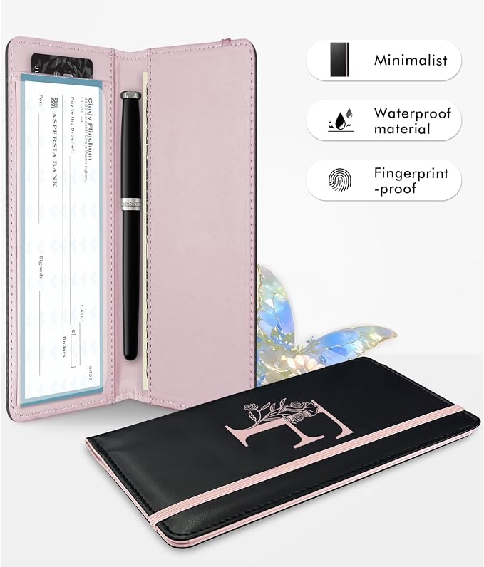 Letter Checkbook Cover, RFID Blocking Checkbook, Duplicate Checks with Pen Holder, Cards Slots, Multi-Functional Checkbook Holder for Personal and Business Checks