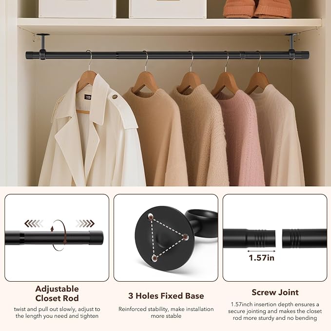 SUTINE Closet Rod, Closet Rods for Hanging Clothes, 17 to 37 inch Adjustable Ceiling/Wall mounted Closet Hanging Rod, Heavy Duty Clothes Rod Clothing Bar, Closet Poles for Hanging Clothes for Wardrobe